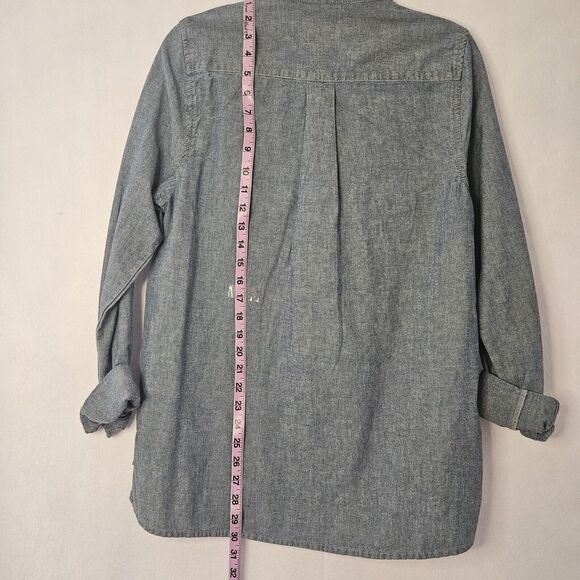 GUESS Chambray Denim Long Sleeve Buttom Down Sz M Shirt Women Sheer Panel - Picture 3 of 6